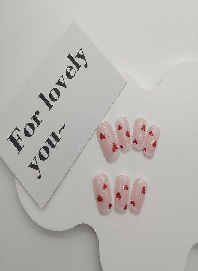 GRITOSE 24Pcs Valentines Press on Nails Short Square Fake Nails with Red Heart Designs French Tip False Nails Valentines Day Heart Nail Artificial Nails Press ons Pink Full Cover Stick on Nail for Women - Image 4